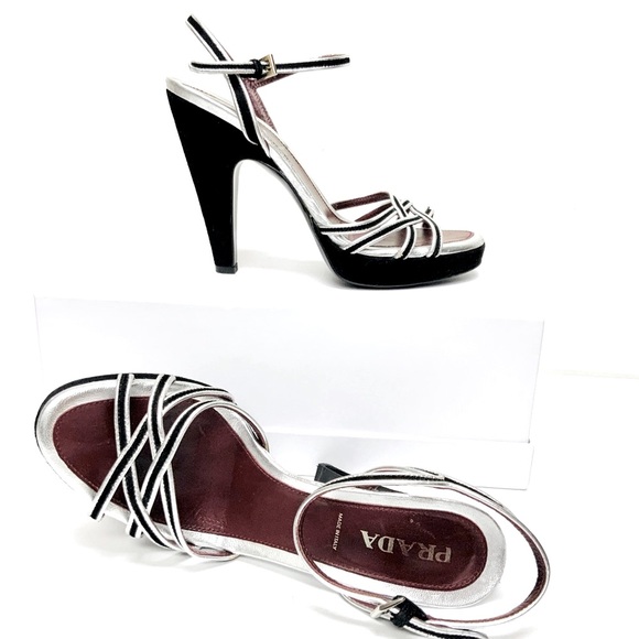 Prada black silver leather high heel sandals 37.5 - Picture 1 of 12